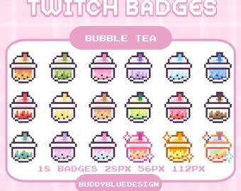 Badge Twitch Pixel Bubble Tea, simpatici badge per streamer Boba Tea, badge Kawaii Pixel Art Bit, risorse di streaming predefinite color pastello