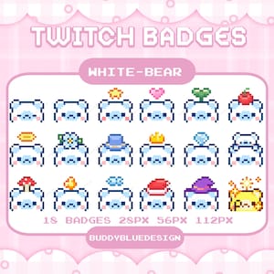 Könnte beinhalten: Eine Sammlung von 18 pixeligen Twitch-Badges mit weißen Bären-Designs und verschiedenen Accessoires. Das Bild zeigt die Schriftzüge "TWITCH BADGES" und "WHITE-BEAR". Die Badges sind in den Größen 28px, 56px und 112px verfügbar.