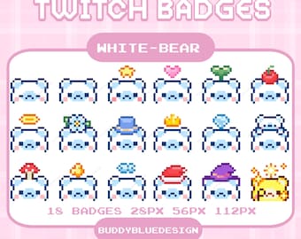 Distintivi Twitch a forma di orso polare, pixel kawaii carino, distintivi con bit di orso, pixel art con emoticon di animali, risorse di streaming predefinite, distintivi invernali Twitch