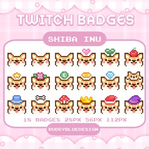 Puede incluir: Ilustración digital de 18 insignias de Twitch Shiba Inu pixeladas. Cada insignia muestra un Shiba Inu con varios accesorios, como un corazón, una flor y una corona. El texto "TWITCH BADGES" y "SHIBA INU" se muestra.