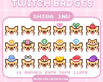 May include: Digital art featuring 18 pixelated Shiba Inu Twitch badges. Each badge is a Shiba Inu with different accessories, including a heart, flower, and crown. The text "TWITCH BADGES" and "SHIBA INU" are displayed.