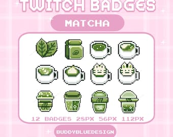 Distintivi Matcha Pixel, Distintivi Twitch Matcha Latte, Streaming del bar, Pixel Matcha carino, Distintivi Twitch Pixel Matcha, Pixel Twitch kawaii, Distintivi Matcha