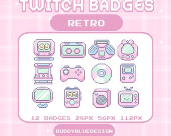 Distintivi pixel retrò Y2K, distintivi Twitch retrò, streaming retrò, simpatici pixel retrò, distintivi sub Twitch Pixel retrò, pixel kawaii Twitch
