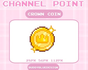 Icona del punto canale della moneta d'oro della corona per Twitch / Icona di streaming di lusso in pixel art / Badge di abbonamento o bit di Twitch / PNG carino della corona d'oro
