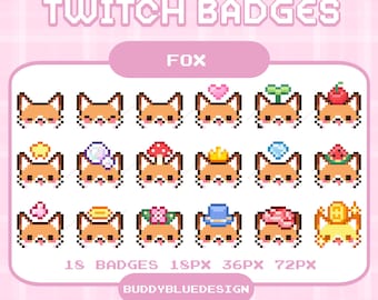 Badge per abbonati Twitch con volpe carina, testa di volpe kawaii in pixel art, badge con bit di volpe, emoticon animali in pixel art, risorse di streaming predefinite