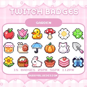 Könnte beinhalten: Eine Sammlung von 18 Twitch-Badges im Pixel-Art-Stil mit einem Gartenthema. Die Badges zeigen Bilder von Apfel, Tulpe, Ente, Pilz, Gänseblümchen, Klee, Honigglas, Schnecke, Regenschirm, Kürbis, Katze, Schaufel, Sonnenblume, Erdbeerkorb, Kaninchen, Topfpflanze, Kuchen und Schmetterling.