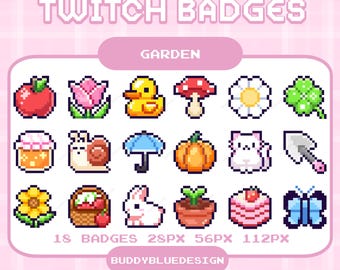 Badge Twitch per il giardinaggio, pixel per il giardinaggio Cottagecore, badge Spring Bit, pixel art per le emoticon dei fiori da giardino, risorse di streaming predefinite