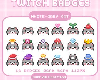 Può includere: Una collezione di 18 badge Twitch in pixel art raffiguranti gatti bianchi e grigi con vari accessori, tra cui cuori e corone. Il testo "TWITCH BADGES" e "WHITE-GREY CAT" sono visualizzati sopra. L'immagine include anche il testo "18 BADGES 28PX 56PX 112PX" e "BUDDYBLUEDESIGN".