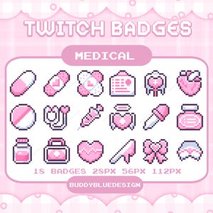 Puede incluir: Un conjunto de 18 insignias de Twitch en pixel art con temática médica, en rosa y blanco. Incluyen iconos como pastillas, vendas, estetoscopios y corazones. El texto dice "Twitch Badges", "Medical" e información de tamaño. Diseño digital.