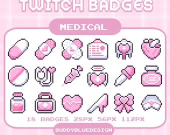 Badge per abbonamenti Twitch con kit medico, pixel art di graziose infermiere rosa, badge con bit pastello, pixel art di emoticon kawaii, risorse di streaming predefinite