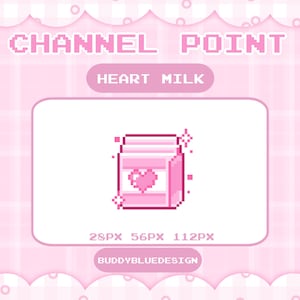 Op de afbeelding: Een roze pixelafbeelding met een melkpak met de tekst "Heart Milk" en een hart. De afbeelding bevat de tekst "CHANNEL POINT" en "BUDDYBLUEDESIGN". De pixel art-stijl doet denken aan retro videogames.