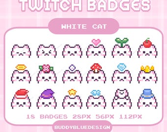 Badge per abbonamenti Twitch a forma di gatto bianco, badge per streaming kawaii con testa carina, badge bit a forma di gatto bianco, badge bit per abbonamenti pixel per Twitch, risorse per lo streaming