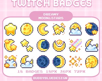 Distintivi secondari Luna e Stelle, Luna sognante in pixel carino, Distintivi celestiali pastello, Emote pixel art con distintivi del cielo kawaii, Risorse di streaming predefinite