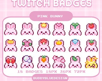 Cute Pink Bunny Twitch Sub Badges, Head Cute Kawaii Bunny Pixel,White Bunny Bit Badges,Rabbit Emotes Pixel Art, Premade Streaming Assets