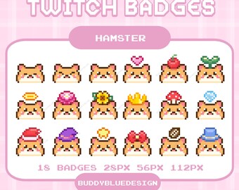 Badge per abbonamenti Twitch a forma di testa di criceto, badge per streaming kawaii con volto carino, criceto in pixel art pastello, badge per abbonamenti pixel per Twitch, risorse per streaming