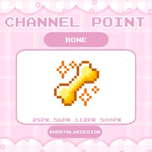 May include: A pixelated image featuring a golden bone with sparkling accents. The word "BONE" is displayed above the bone, with the text "CHANNEL POINT" at the top. The background is a light pink, checkered pattern.