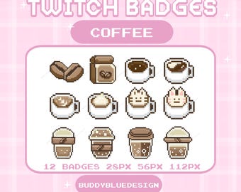 Koffiepixelbadges, Coffee Twitch-badges, Cafe Stream, Cute Coffee Pixel, Twitch-subbadges voor Pixel Coffee, Kawaii Pixel Twitch