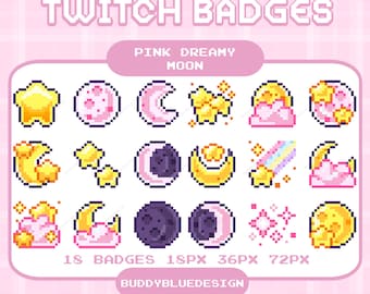 Distintivi secondari Luna rosa, Pixel carino Luna sognante, Distintivi bit celestiali pastello, Emote pixel art con distintivi cielo kawaii, Risorse di streaming predefinite
