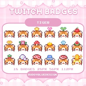 Puede incluir: Un conjunto de 18 insignias de Twitch en pixel art con un diseño de tigre. Cada tigre tiene un accesorio único, como un corazón, una flor o una seta. El texto "TWITCH BADGES" y "TIGER" se muestra en la imagen, junto con el nombre del vendedor.