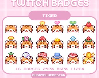Badge Twitch a forma di tigre carina, pixel di tigre kawaii carina, badge di animali, pixel art di emoticon di tigre, risorse di streaming predefinite