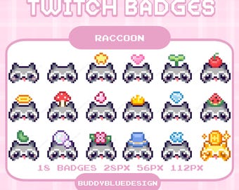 Badge Twitch con simpatici procioni, pixel con testa di procione kawaii, badge con animali, pixel art con emoticon di procioni, risorse di streaming predefinite