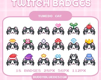 Insignias de suscripción de Twitch de Tuxedo Cat, insignias de transmisión kawaii con caras lindas de gatitos blancos y negros, insignias de mordida de gato, gatitos pixelados, recursos de transmisión
