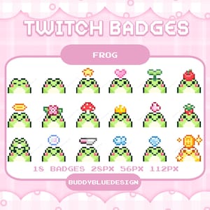 Könnte beinhalten: Eine Sammlung von 18 Pixel-Art-Twitch-Badges mit grünen Fröschen mit verschiedenen Accessoires, darunter Blumen, Kronen und Heiligenscheine. Der Text "TWITCH BADGES" und "FROG" wird in einer pixeligen Schriftart zusammen mit Größenangaben angezeigt.