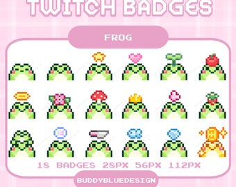 Badge Twitch a forma di rana carina, pixel di testa di rana kawaii carina, badge Twitch Bit, pixel art di emoticon di rana, risorse di streaming predefinite