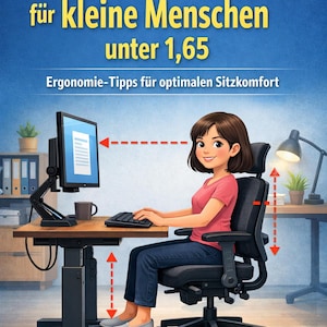 May include: An illustration showing a woman at a desk with a computer, keyboard, and ergonomic chair. The image includes German text: "Bürostuhlanpassung für kleine Menschen unter 1,65" and "Ergonomie-Tipps für optimalen Sitzkomfort."