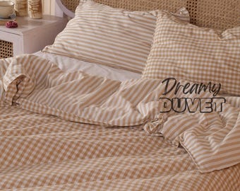 Beige Reversible Duvet Cover Bedding Checkered & Striped  Double Sided 3 pc Set  - Gauze Linen Fabric - Available in All Sizes