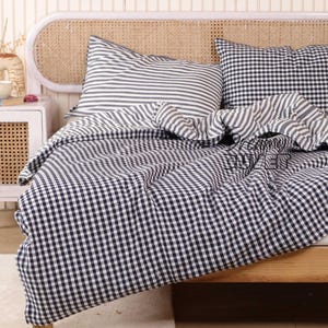 Gingham Reversible Duvet Cover with Pillowcase, Checkered & Striped Pattern Standard Queen Bedding Set - Gauze Linen Fabric
