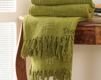 Bohemian Block Print Sofa Throw Blanket, Boho Green Soft Cotton Bed Cover, Rustic Home Decor