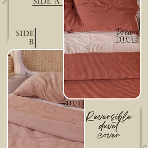May include: Reversible duvet cover with a striped pattern in shades of red and white. The image shows Side A with a red and white striped pillowcase and duvet cover, and Side B with a solid pink duvet cover and pillowcase. The text reads "Dream Duvet".