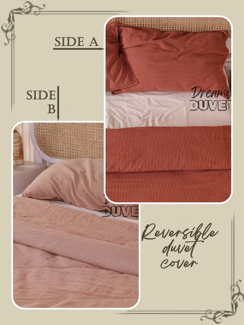May include: Reversible duvet cover with a striped pattern in shades of red and white. The image shows Side A with a red and white striped pillowcase and duvet cover, and Side B with a solid pink duvet cover and pillowcase. The text reads "Dream Duvet".