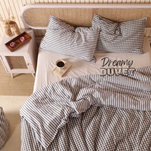 Gingham Checkered & Striped Bedding Set Double Sided Reversible Duvet Cover - Gauze Linen Fabric - Available in All Sizes