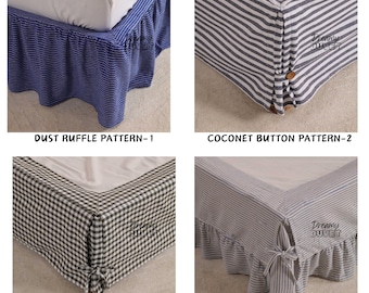 Falda de cama orgánica con volantes y diseño de rayas a medida, disponible en tamaños individual, matrimonial, queen y king. Ropa de cama con caída personalizada.