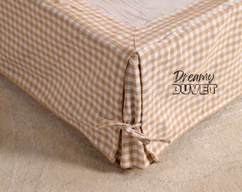 Bohemian Stonewashed Bed Skirt Bedcover Tailored Drop, Ticking Beige Checkered Size Bed Skirt Twin, Full, Queen, King Sizes CoverletGingham