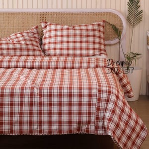 Gingham Gauze Linen Duvet Cover Set, 3 Piece Queen King Size Rustic Bedding Check Comforter Cover, Unique Home Gift