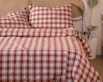 Gingham Gauze Linen Duvet Cover Set, 3 Piece Queen King Size Rustic Bedding Check Comforter Cover, Unique Home Gift