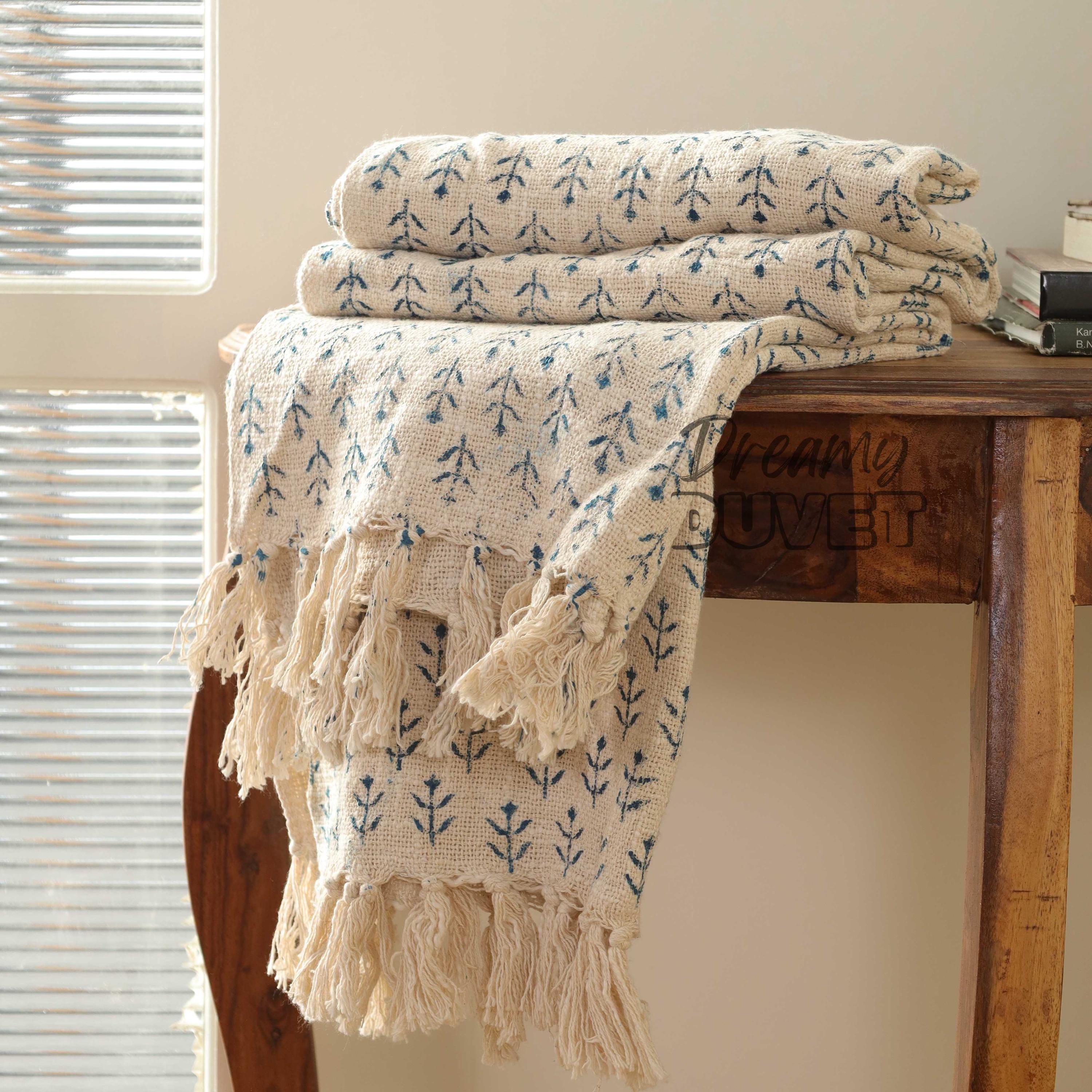 Hand Block Print Cotton Throw Blanket - Boho Floral Kantha Quilt, Lightweight Sofa & Bed Cover