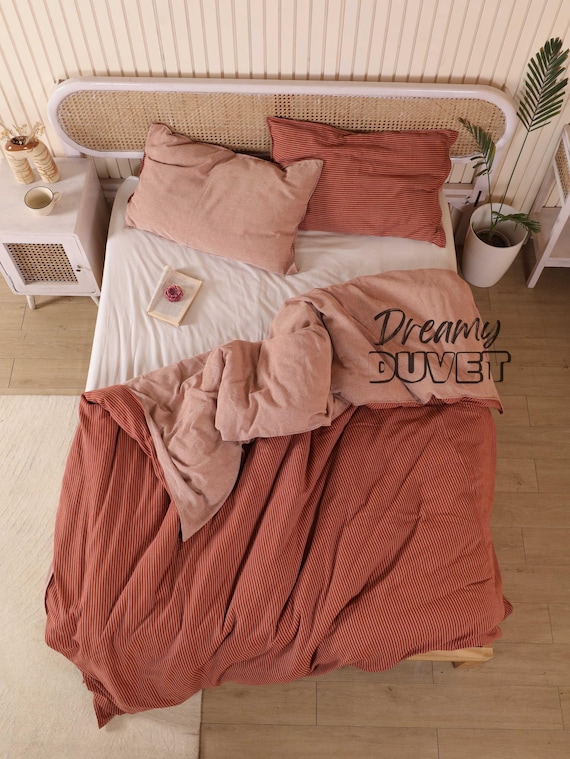 Rustic Gauze Linen Stripe Duvet Cover Reversible Double Color Two-Sided Striped Bedding Set - Handmade Fabric - Available in All Sizes