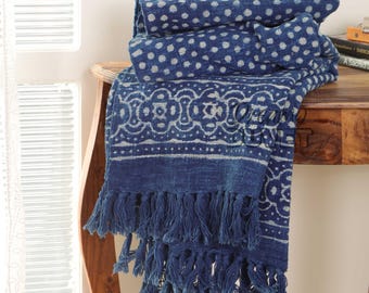 Indigo Blue Hand Block Polka Dots Print Cotton Throws Blanket for Sofa – Soft Cotton Bedspread