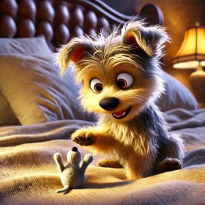 Può includere: Un cucciolo di Yorkshire Terrier marrone e nero con un'espressione giocosa guarda un piccolo topo giocattolo grigio su un copriletto beige.