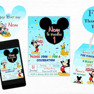 Mickey verjaardagsuitnodiging, eerste verjaardag, Oh Twodles verjaardagskaart, digitale uitnodiging, schattige muis cartoon, taarttopper Bedankt tag gratis