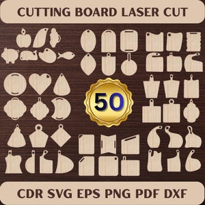 Könnte beinhalten: Lasergeschnittene Holz-Schneidebrett-Designs in verschiedenen Formen, darunter Kreise, Herzen und Umrisse von Schneidebrettern. Das Bild zeigt den Text "CUTTING BOARD LASER CUT" und "50" in einem goldenen Medaillon. Dateiformate: CDR SVG EPS PNG PDF DXF.