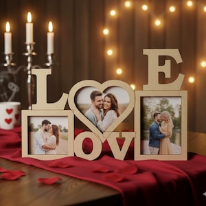 May include: Wooden photo frame spelling "LOVE" with three picture slots. The "O" is a heart shape. The frame is on a red runner with rose petals, candles, and a mug with hearts.