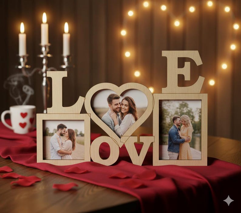 May include: Wooden photo frame spelling "LOVE" with three picture slots. The "O" is a heart shape. The frame is on a red runner with rose petals, candles, and a mug with hearts.