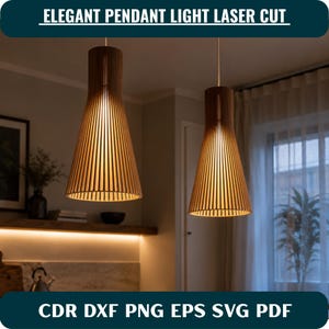 Puede incluir: Dos lámparas colgantes en forma de cono con listones de madera verticales que emiten un brillo cálido. El texto ELEGANT PENDANT LIGHT LASER CUT y CDR DXF PNG EPS SVG PDF aparece en la parte superior e inferior en letras blancas.