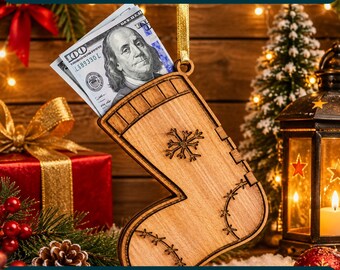 Archivo SVG para guardar dinero en forma de calcetín navideño, archivo de corte láser para guardar dinero en efectivo en madera, archivos DXF, PNG y PDF para guardar dinero en Navidad.