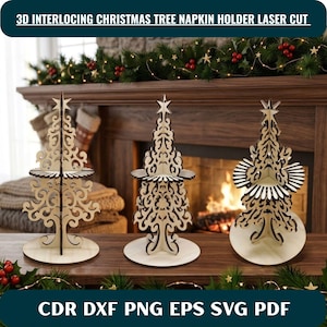 May include: Three light-colored wooden napkin holders shaped like Christmas trees with intricate laser-cut scrollwork patterns. Each tree features a star topper, a circular base, and a horizontal platform for holding napkins, standing upright.